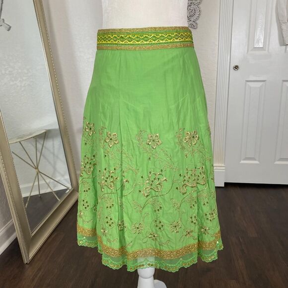 Express Ethereal Fairy Core Green Cotton Gold Thread Sequin Lace Midi Skirt S - Picture 6 of 8